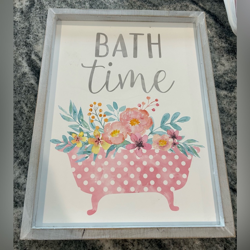 Bath Time Tub Floral Flower Bathroom Picture Print Decor Framed - 12.5” x 16.5”